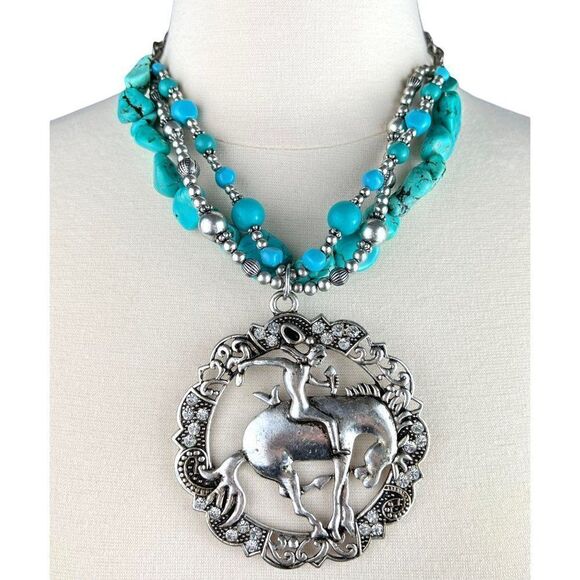 Cowgirl Statement Silver Tone Large Pendant Faux Turquoise Necklace Ivana Ruzzo - Picture 1 of 8
